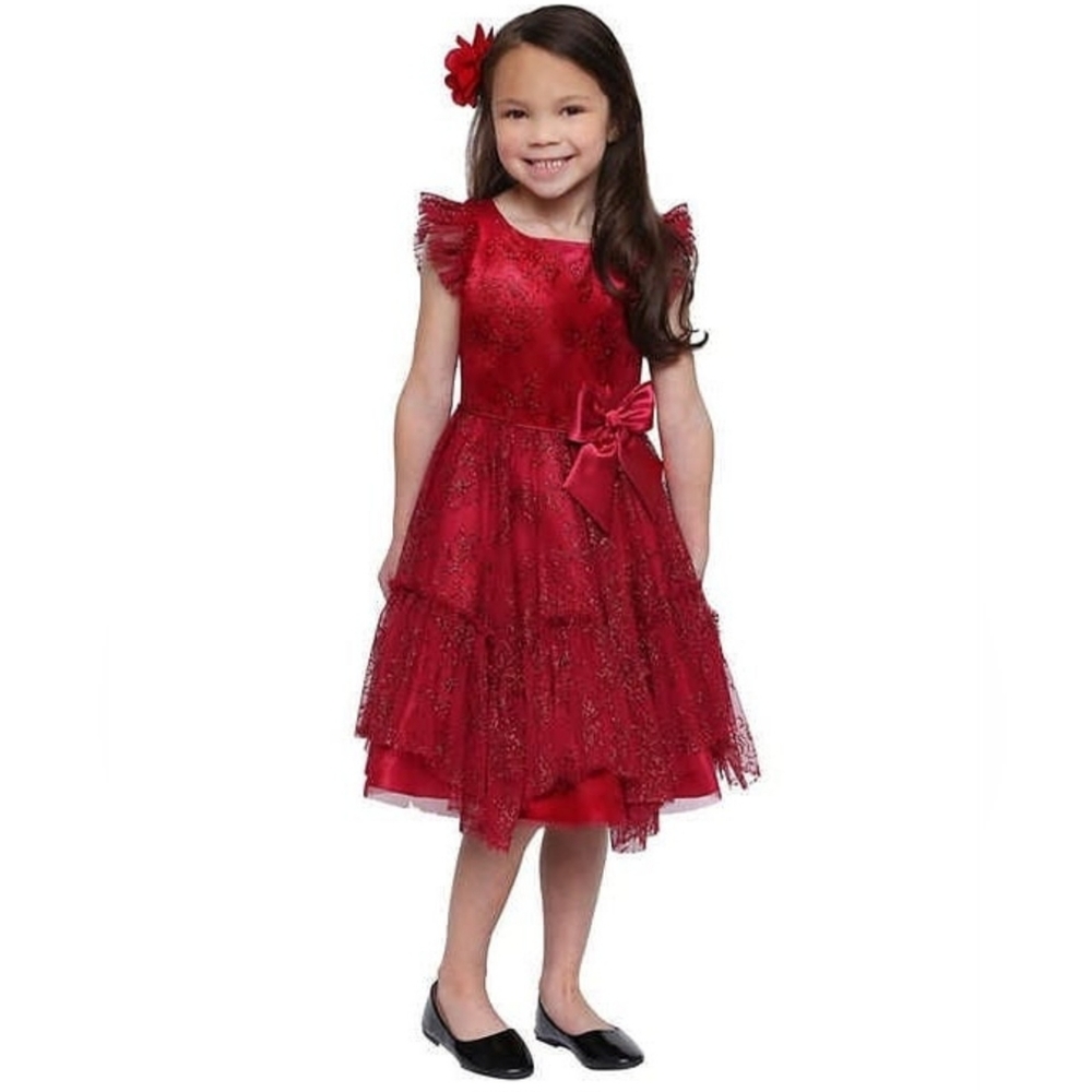 Jona Michelle - Girl's Red Ruffle Flutter Sleeve Party Dress, Sz 5